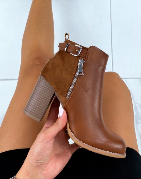 Bi-material camel heeled ankle boots with strap