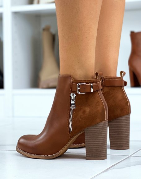 Bi-material camel heeled ankle boots with strap