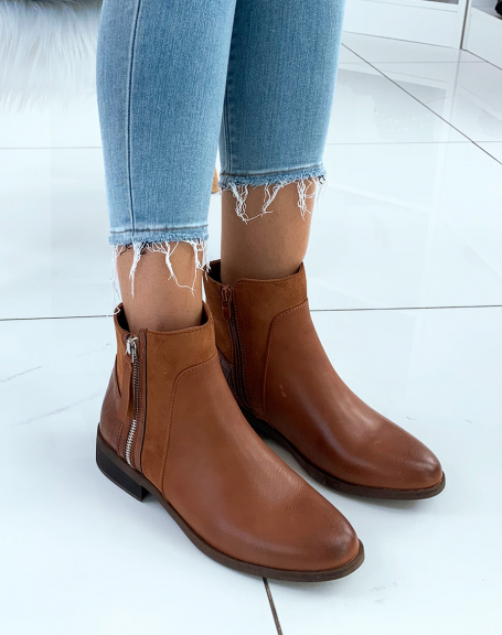 Bi-material camel low boots with silver closures