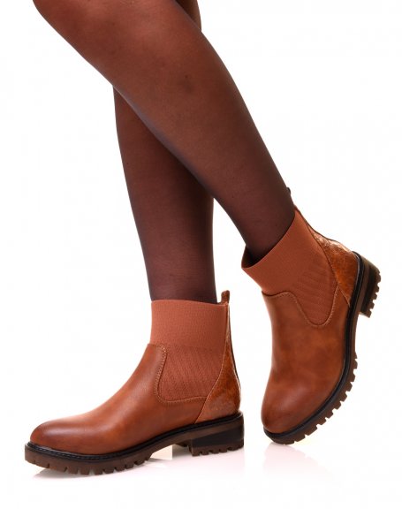 Bi-material camel sock-effect ankle boots