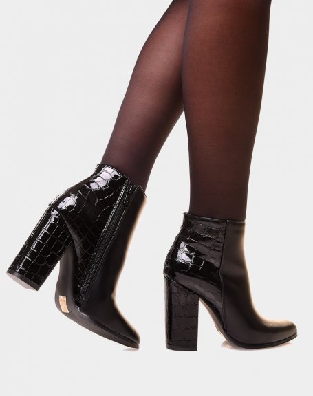 Bi-material crocodile-effect patent leather heeled ankle boots