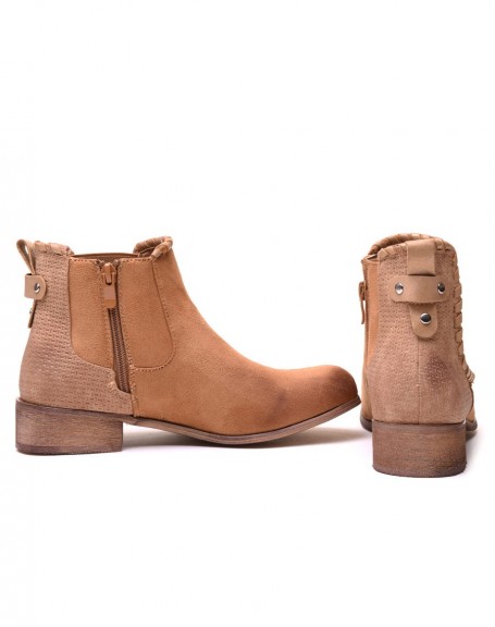 Bi-material flat beige ankle boots with details