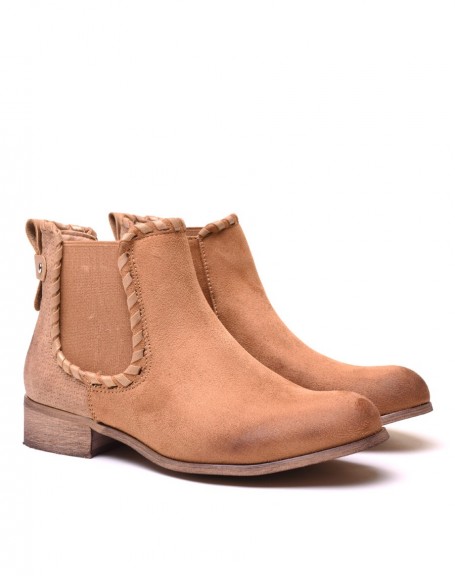 Bi-material flat beige ankle boots with details