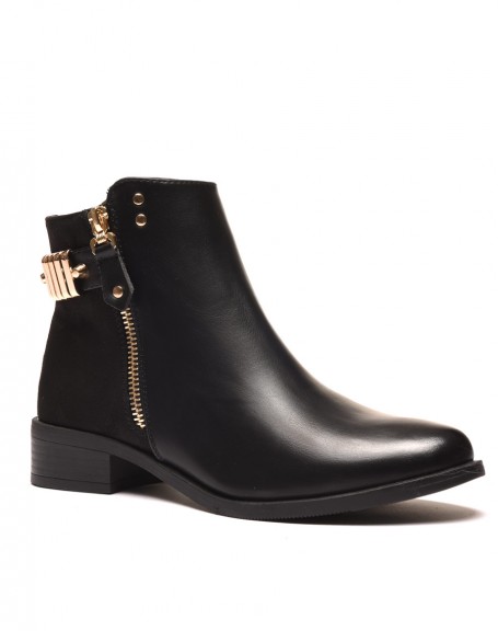 Bi-material flat black ankle boots with details at the back