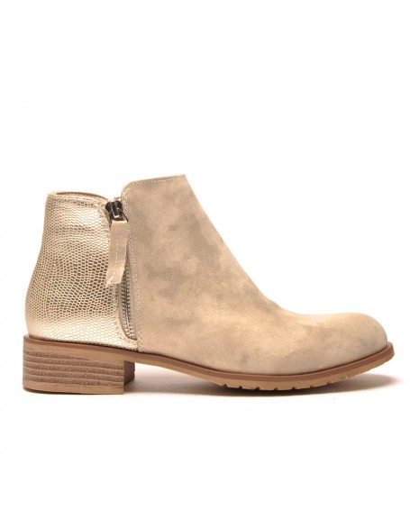 Bi-material golden ankle boots
