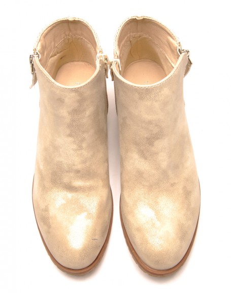 Bi-material golden ankle boots