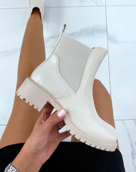 Bi-material heeled beige ankle boots