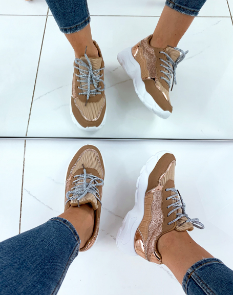 Bi-material khaki copper sneakers