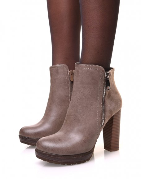 Bi-material khaki heeled ankle boots