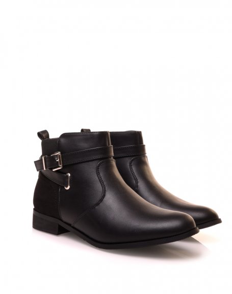 Bi-material low black ankle boots