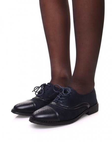 Bi-material navy blue derby shoes with stitching details