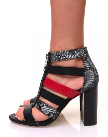 Bi-material python and black heeled sandals