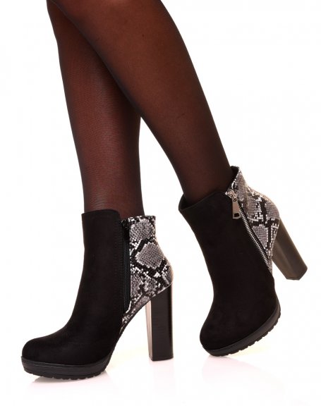 Bi-material python-effect heeled ankle boots