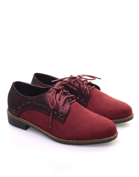 Bi-material studded burgundy derby shoes