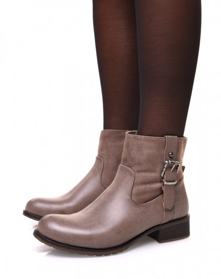 Bi-material taupe ankle boots with decorative strap on the side