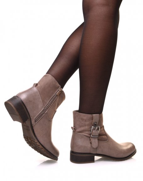 Bi-material taupe ankle boots with decorative strap on the side