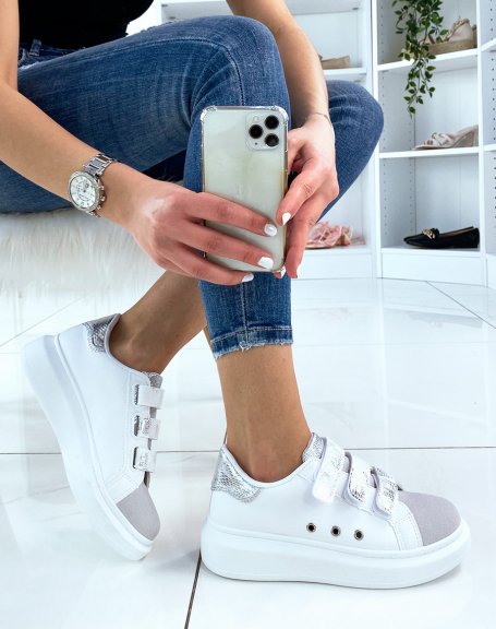 Bi-material white sneaker with silver velcro