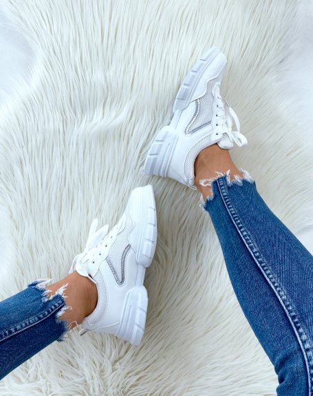 Bi-material white sneakers with silver inserts