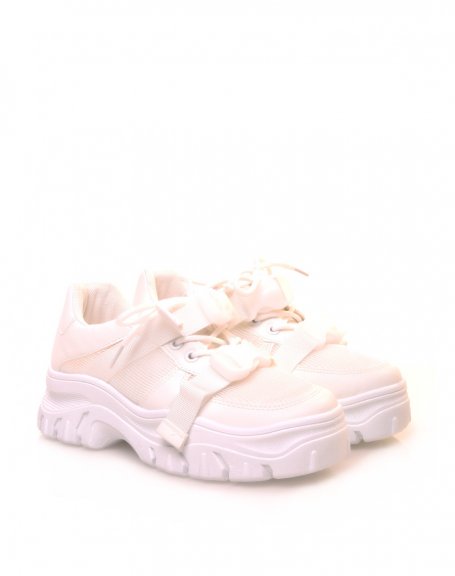 Bi-material white sneakers with thick soles and fancy straps