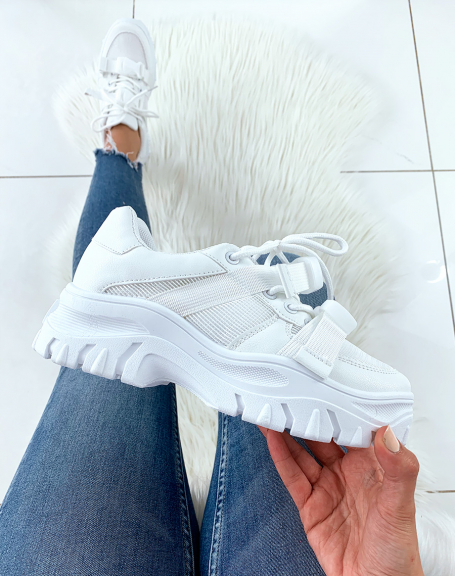 Bi-material white sneakers with thick soles and fancy straps