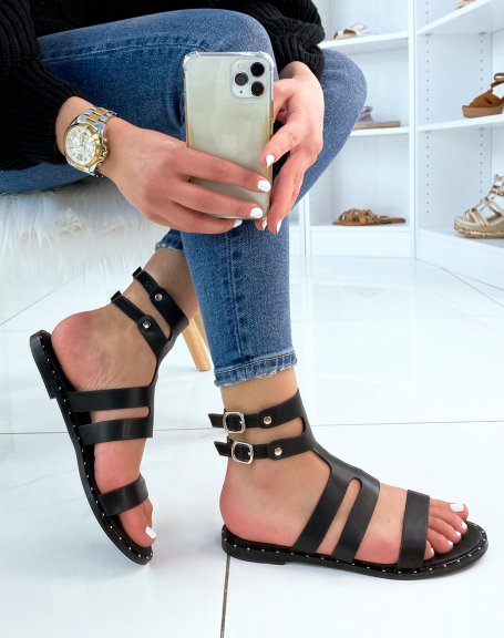 Black adjustable multi-strap flat sandals