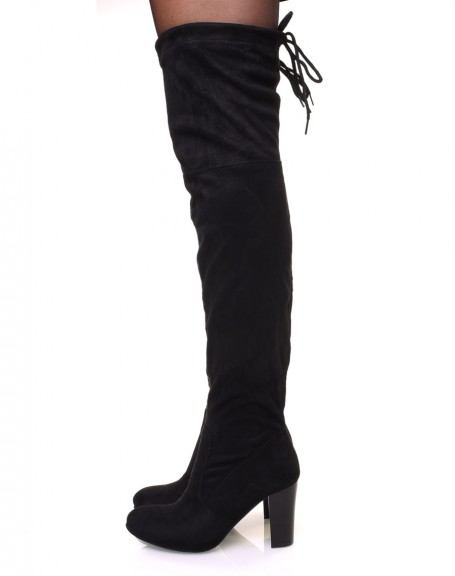 Black adjustable thigh-high boots with heels