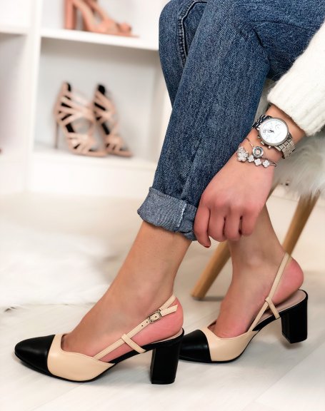 Black and beige pumps with round toe and low heel
