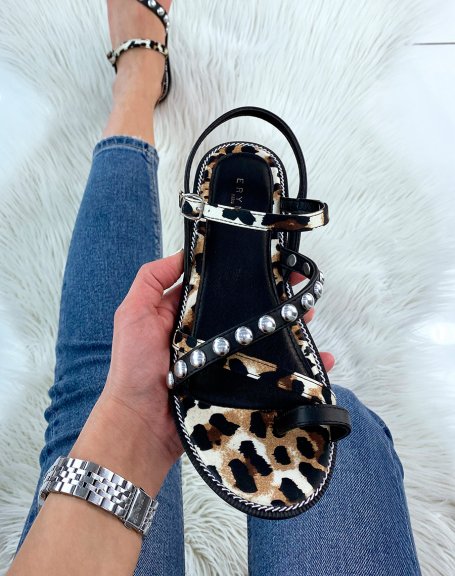 Black and leopard slippers with studded detail