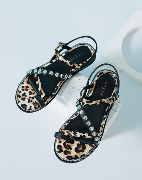 Black and leopard slippers with studded detail