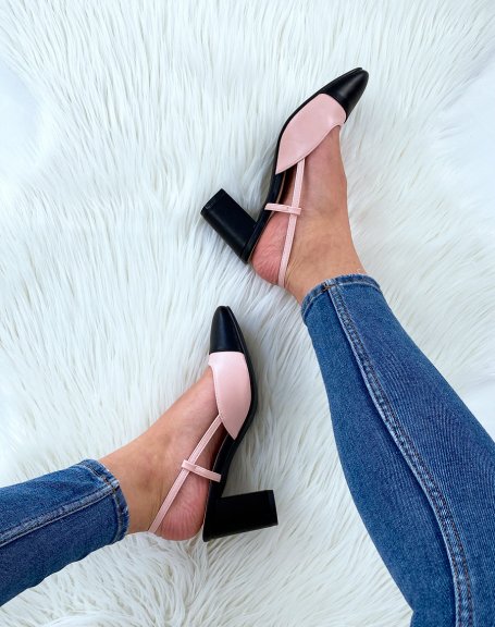 Black and pink pumps with round toe and low heel