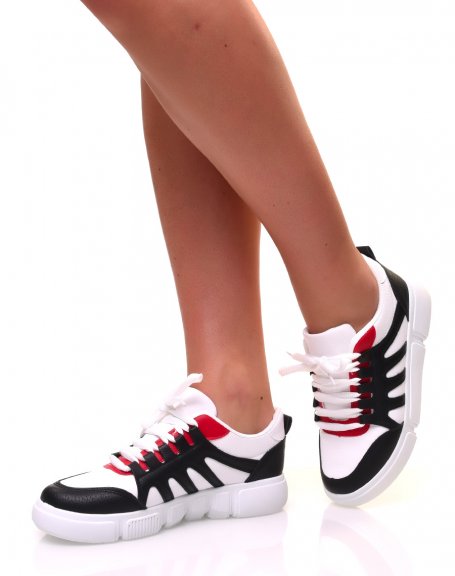 Black and red sneakers with grained faux leather effect with chunky soles