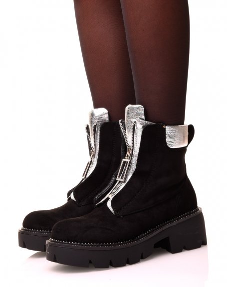 Black and silver suede ankle boots with zip