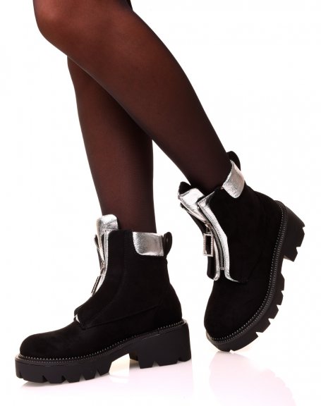 Black and silver suede ankle boots with zip