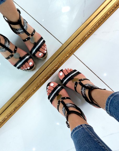 Black and silver wedge sandals