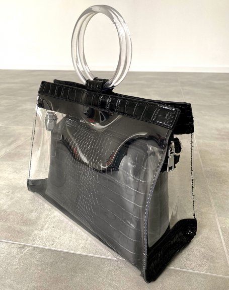 Black and transparent croc-effect tote bag