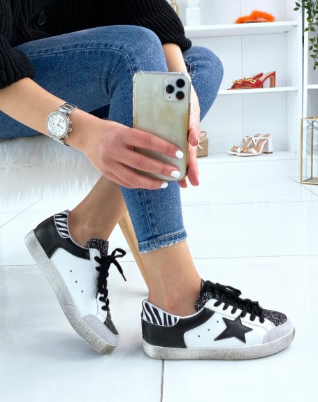 Black and white sneakers with glitter and zebra details