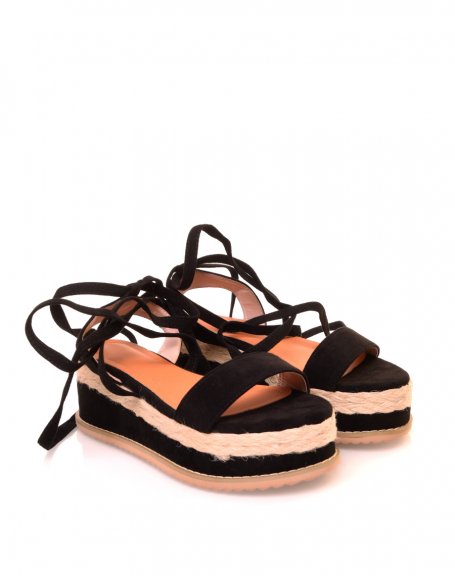 Black and wicker lace-up wedge sandals