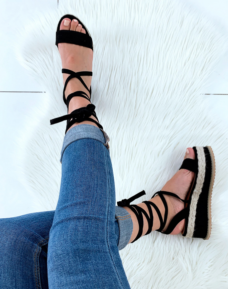 Black and wicker lace-up wedge sandals