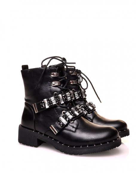 Black ankle boot with lace and multiple decorated straps