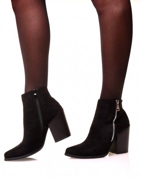 Black ankle boot with suede-effect heel with zip