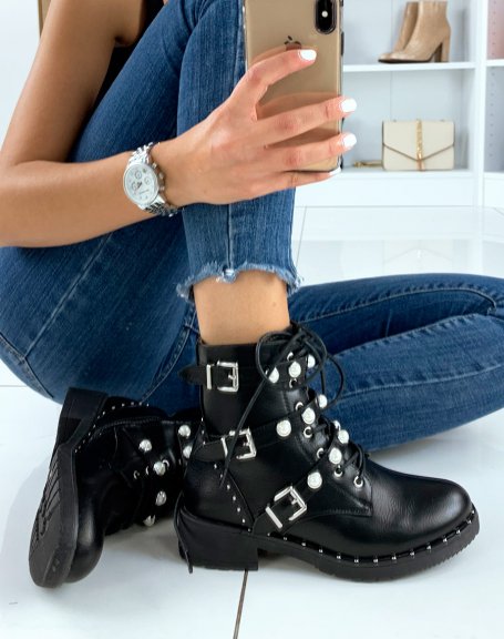 Black ankle boots beaded with studs and beaded straps