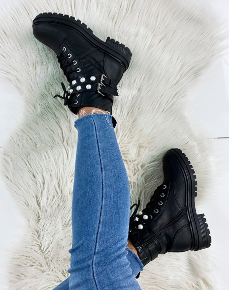 Black ankle boots with beaded double straps
