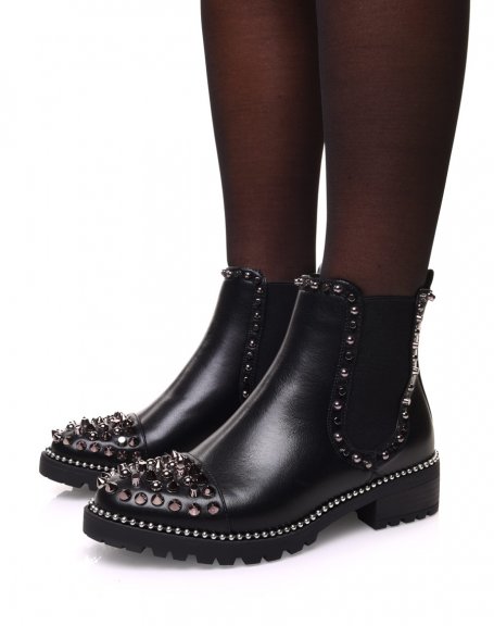 Black ankle boots with beaded sole and stud details