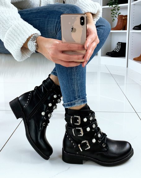 Black ankle boots with beaded straps