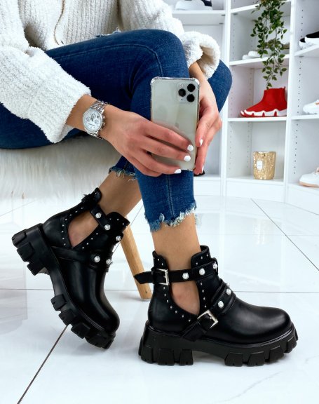 Black ankle boots with beaded straps