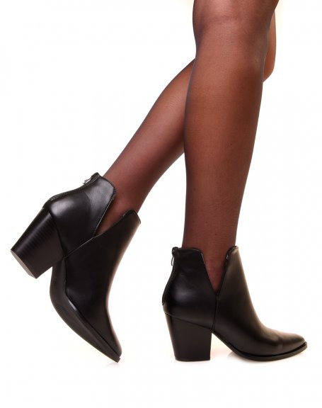 Black ankle boots with beveled heel and openwork