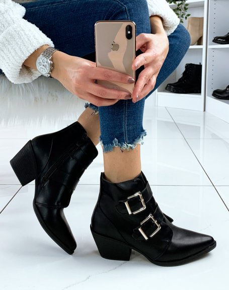 Black ankle boots with beveled heel and pointed toe