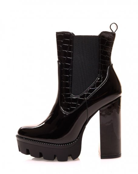 Black ankle boots with bi-material croc-effect heels
