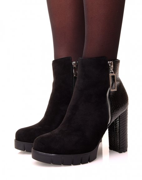 Black ankle boots with bi-material crocodile heel