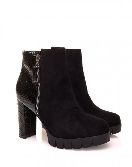 Black ankle boots with bi-material crocodile heel